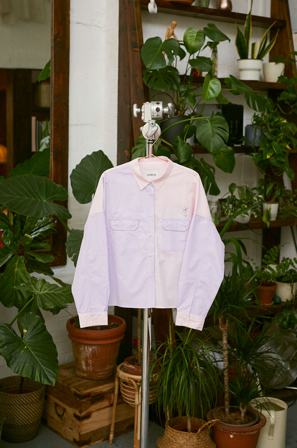 Jules Utility Shirt colourblocked in pink lilac cotton, made in the UK, by Saywood