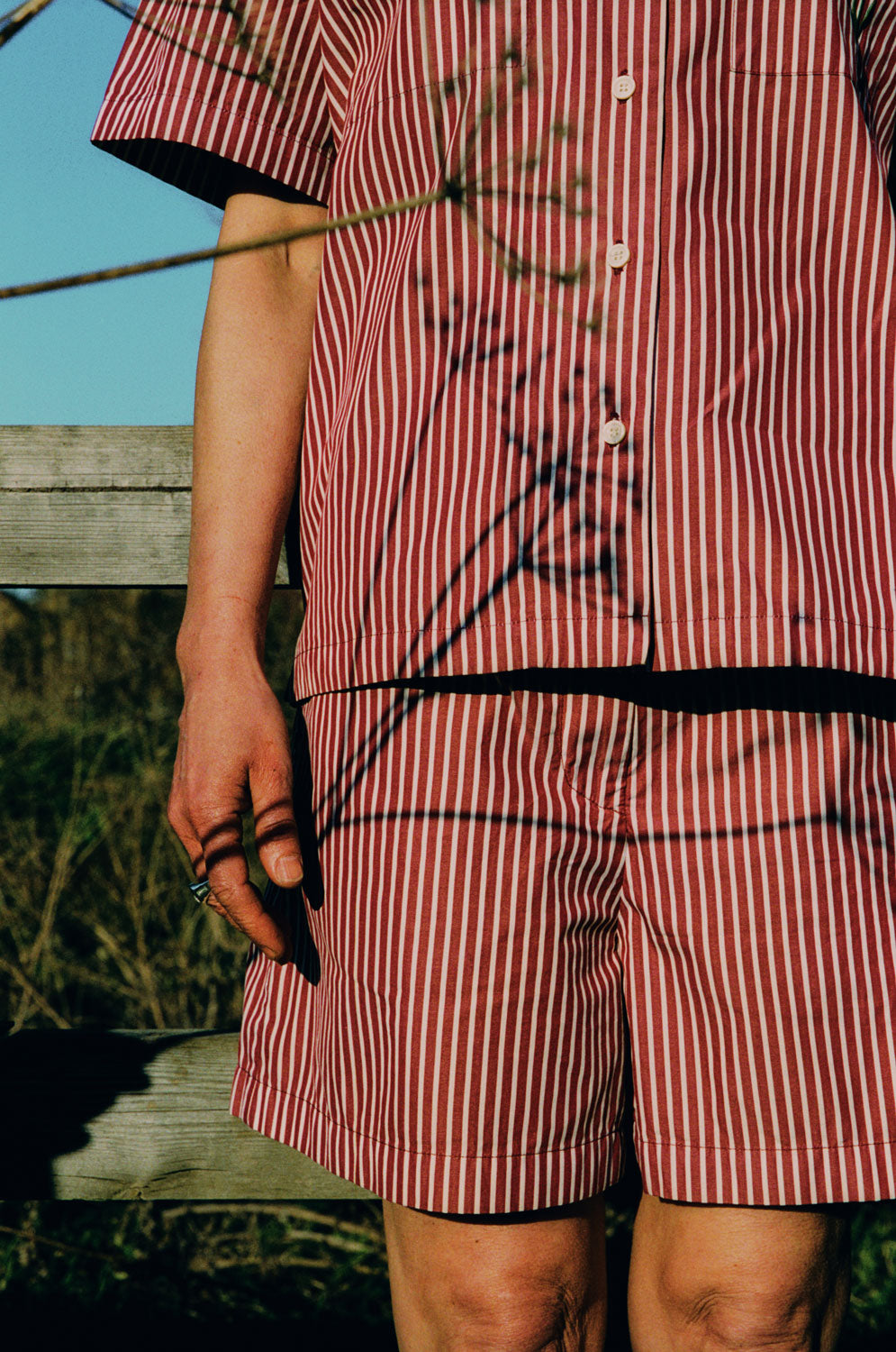 Styling inspiration: Bessie berry red stripe shorts with Frances shirt as matching twin set, made in London by Saywood