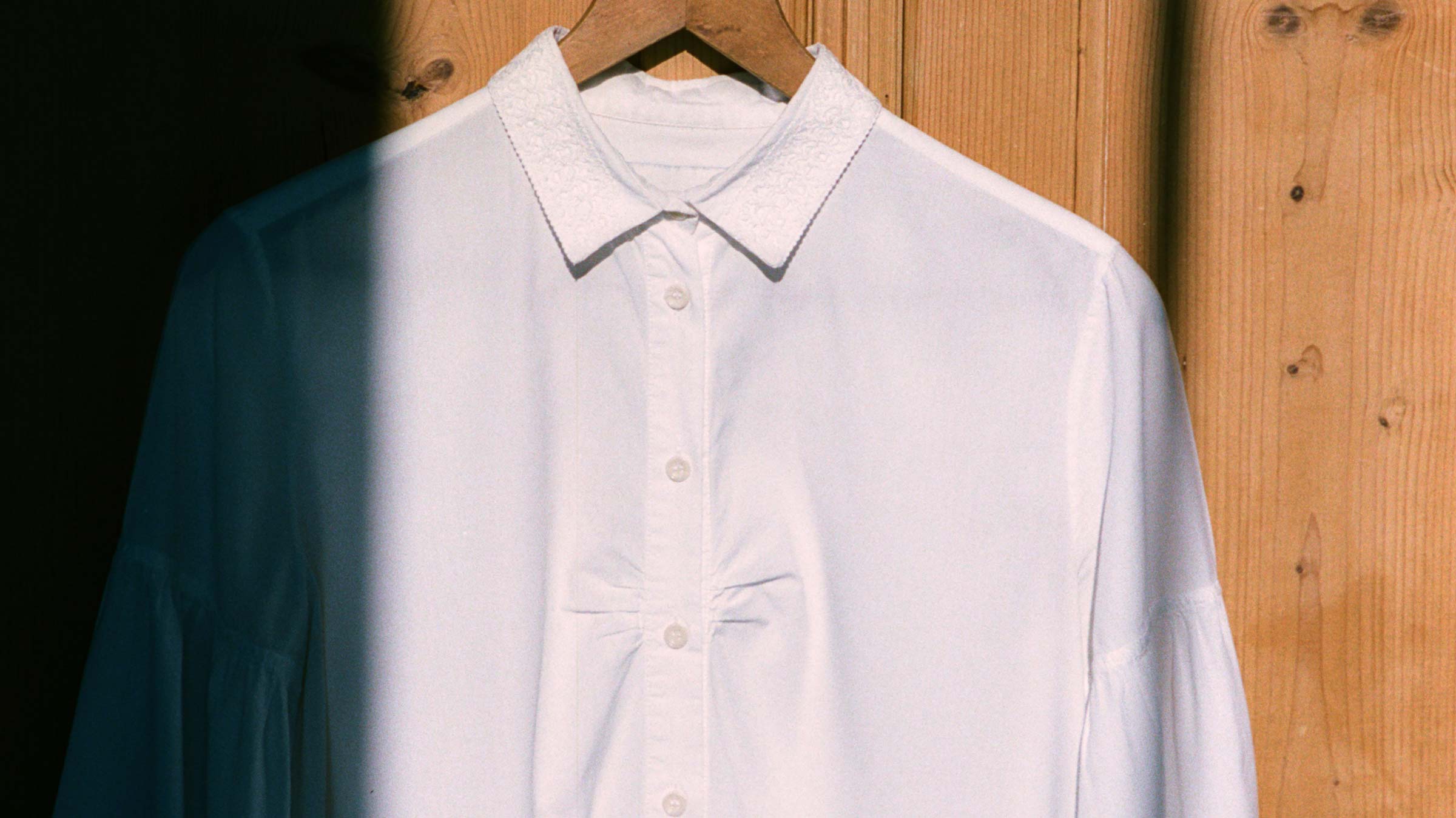 Sustainable white shirts - White lace collar Edi Shirt, with gathered bust details. Made in London, by Saywood