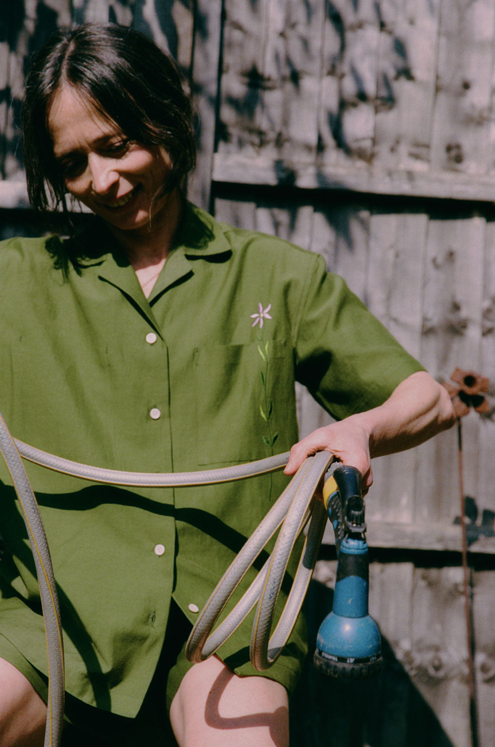 Styling inspiration: Frances olive green Cuban shirt styled with matching Bessie shorts as twin set, made in London by Saywood