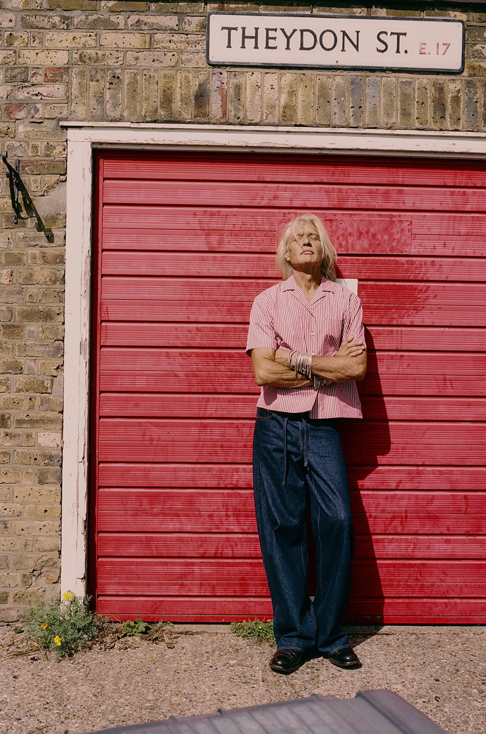 Frances unisex Cuban shirt in berry red stripe with embroidered flower chest pocket, menswear styling by Saywood