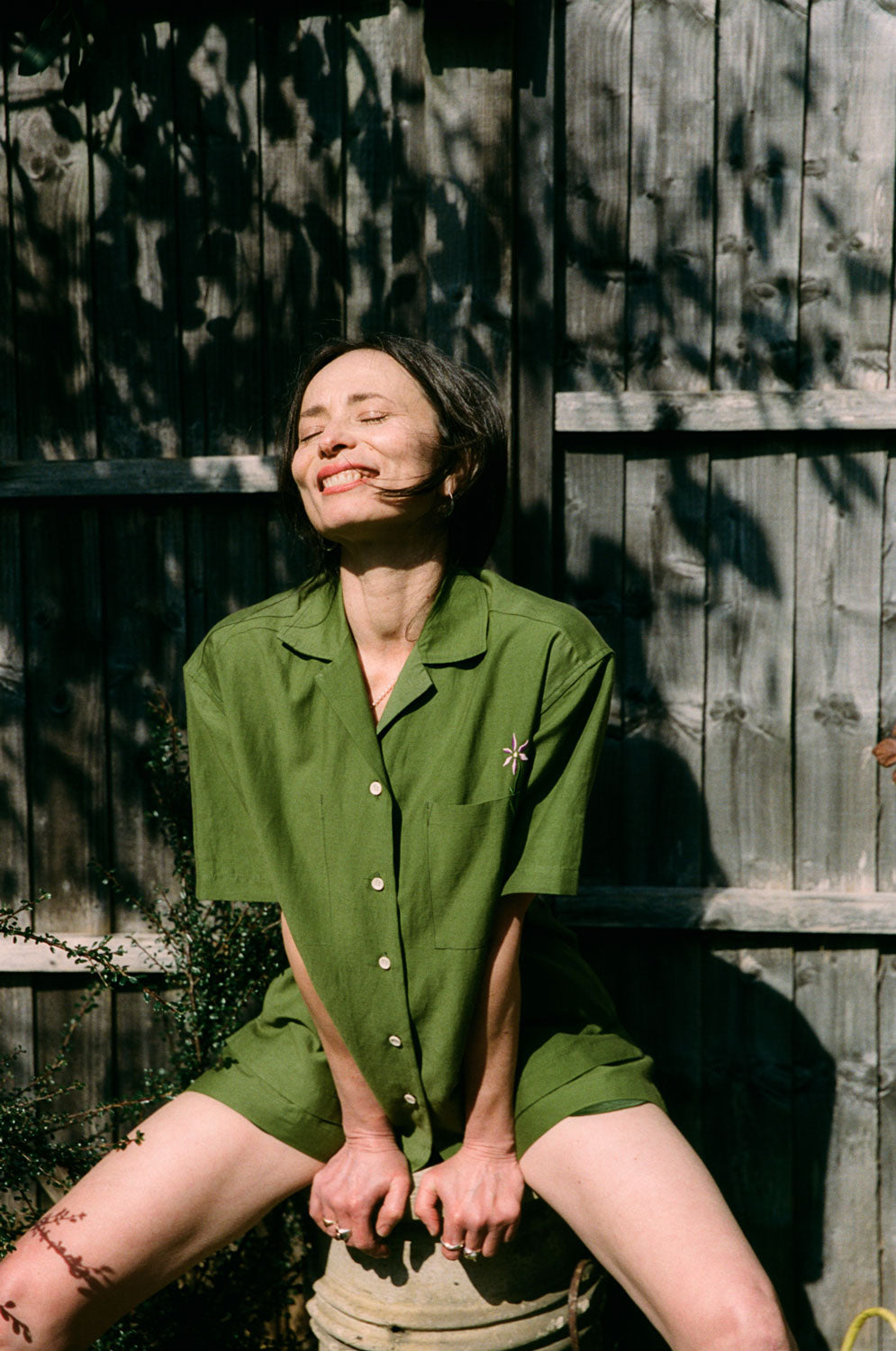 Frances olive green Cuban shirt with relaxed short sleeve fit, sustainable surplus fabric made in London by Saywood
