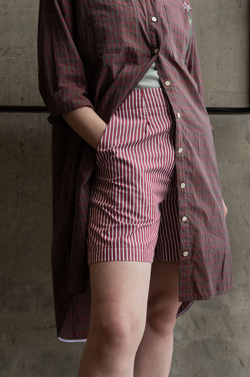 Styling inspiration: Bessie berry red stripe shorts with Etta micro red check shirtdress by Saywood