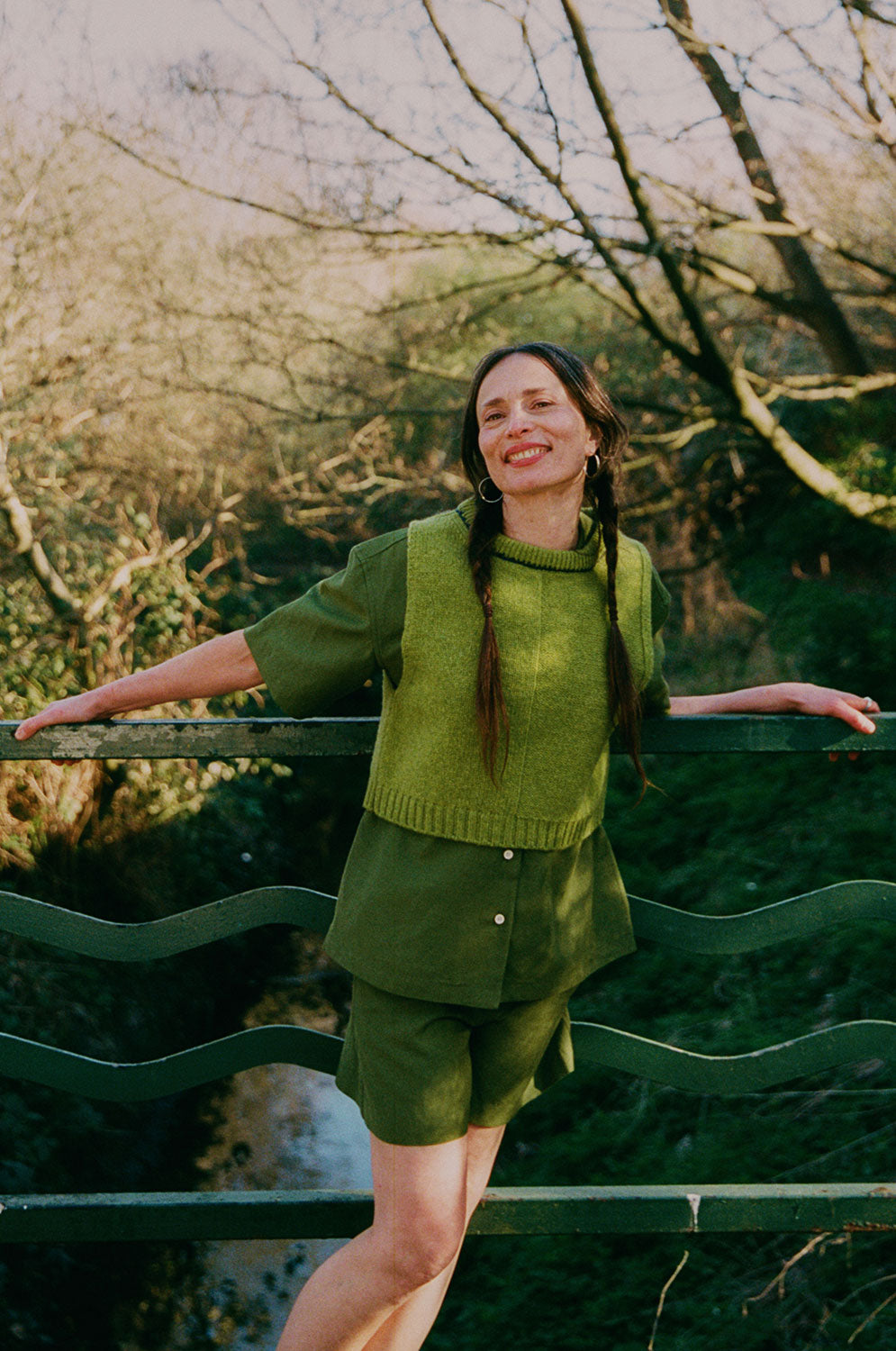 Styling inspiration: Bessie olive green tailored shorts with A-line silhouette, made in London by Saywood