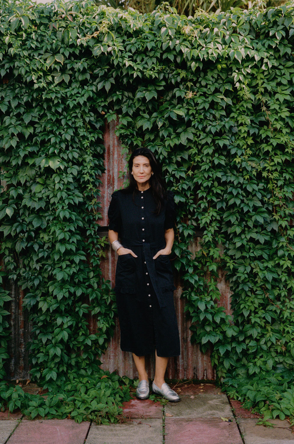 Rosa puff sleeve shirtdress in black Japanese denim, midi length with side splits, made in London by Saywood