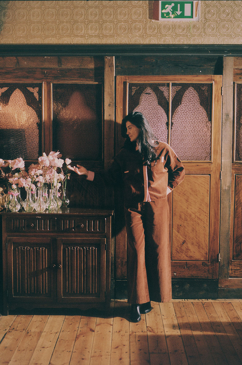 Lela boxy shirt in caramel organic cotton corduroy with pink colourblock collar and cuffs, made in the UK by Saywood