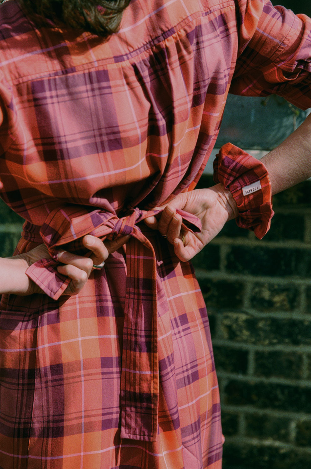 Rosa red tartan shirtdress tie belt detail close-up, limited edition made in London by Saywood