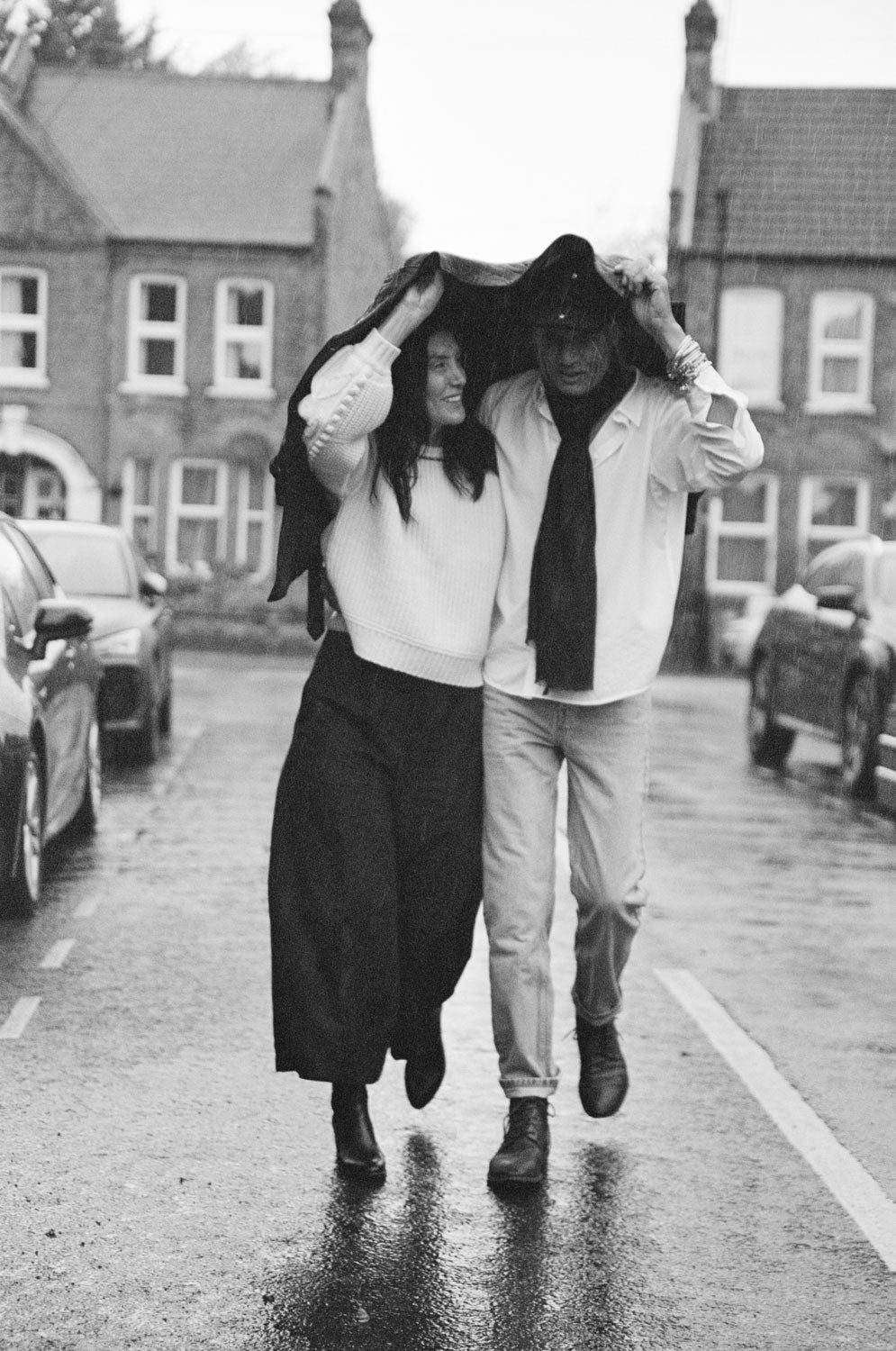 Adams cream sweater with black Amelia trousers and white shirt, black and white couple lifestyle photography by Saywood