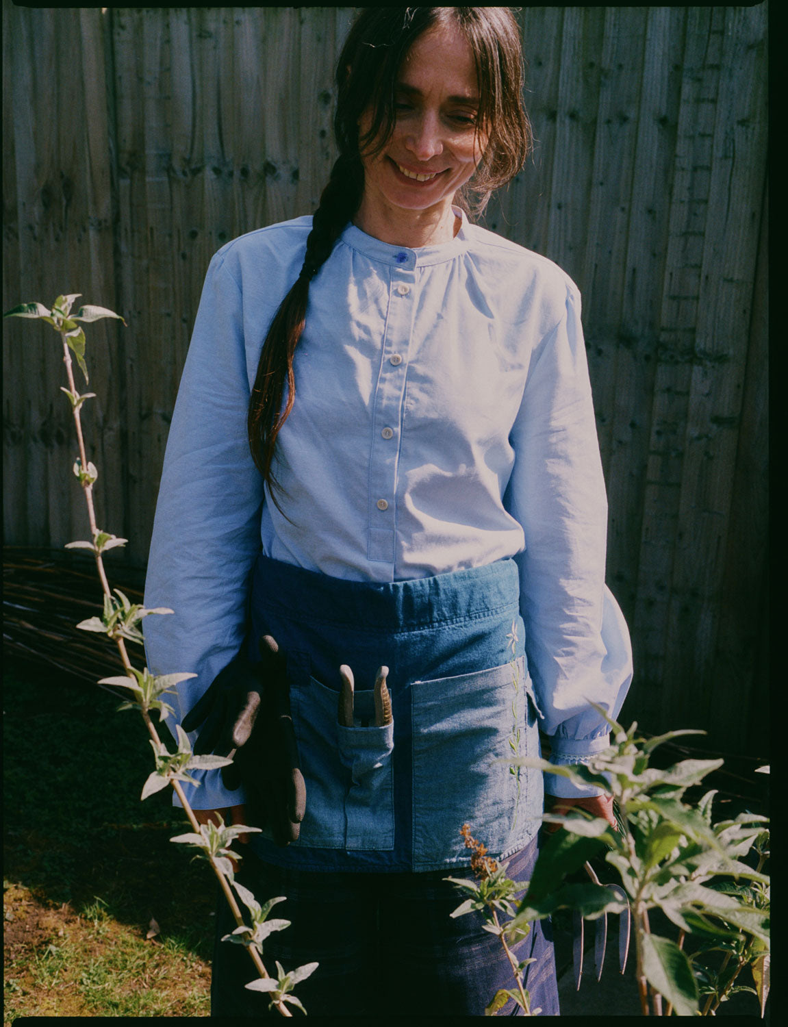 Styling inspiration: Marie pale blue blouse with gathered neck and lace cuffs, made in London by Saywood. Worn with Gardener's Tool Belt.