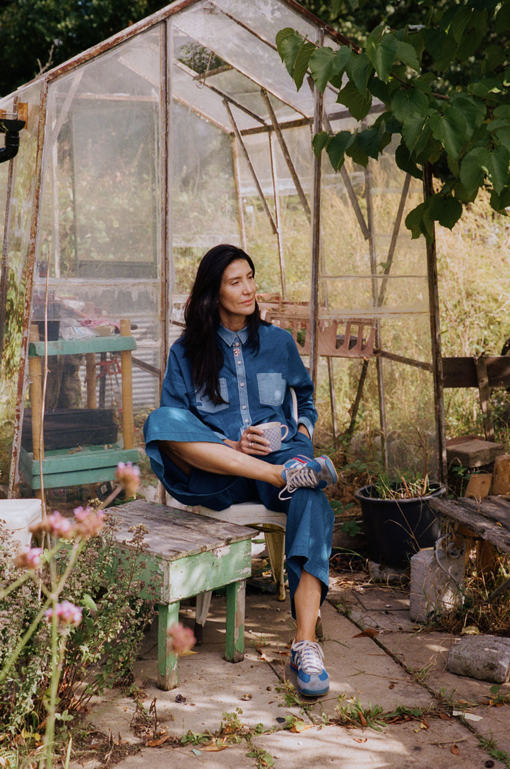 Lela patchwork indigo Japanese denim shirt at greenhouse styled with Amelia wide leg trousers
