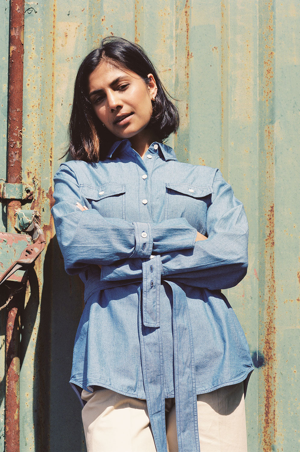 Styling inspiration: Zadie Japanese denim boyfriend shirt worn with beige trousers, oversized fit by Saywood