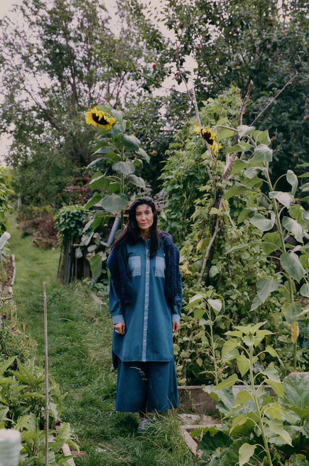 Woman in Etta indigo denim shirtdress with Amelia trousers and navy cardigan in sunflower garden