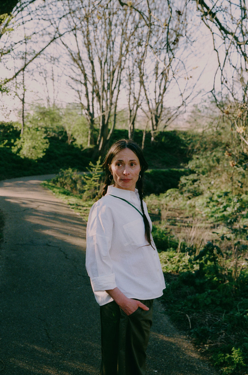 Styling inspiration: Amelia khaki culotte trousers with white recycled cotton Lela boxy shirt, made in London by Saywood