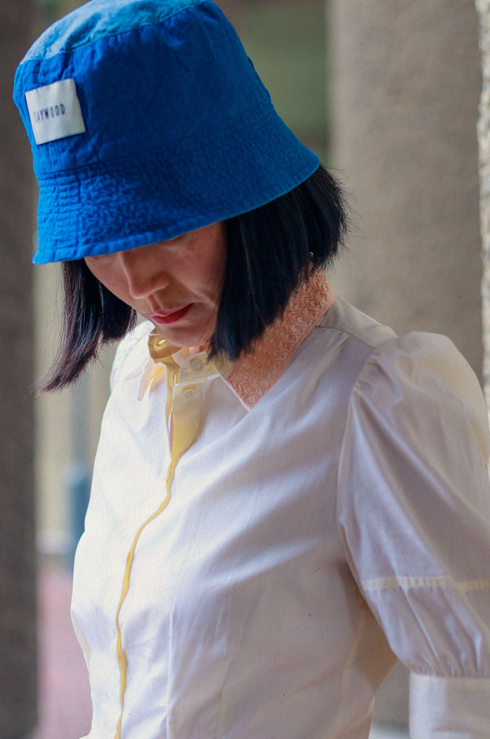 Japanese denim reversible bucket hat worn natural indigo side, by Saywood