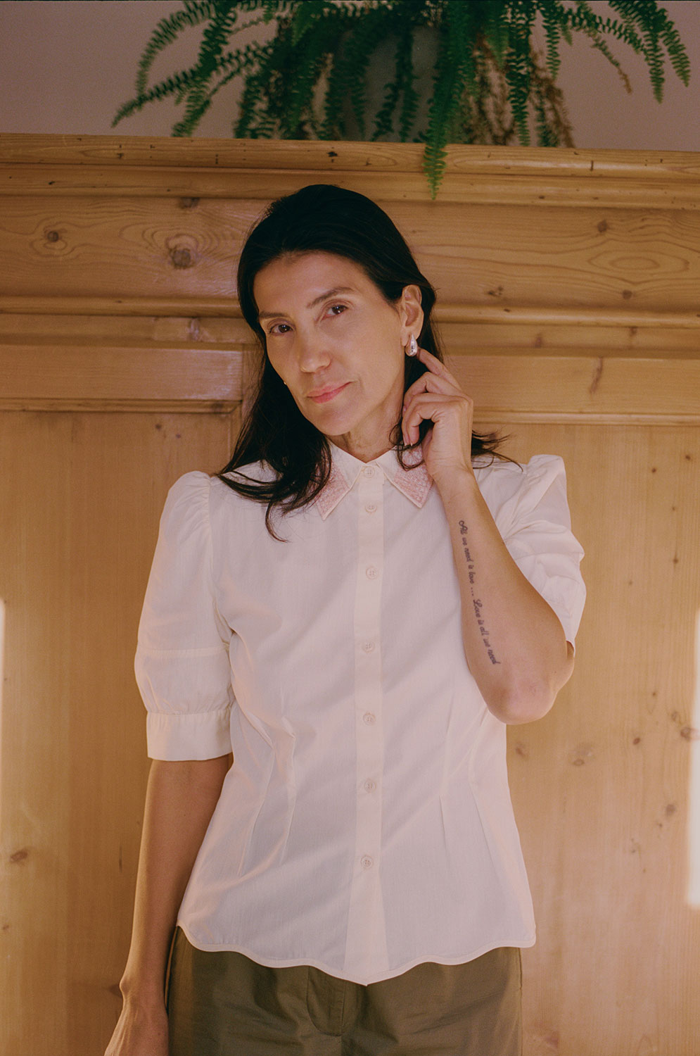 Styling inspiration: Joni butter yellow puff sleeve blouse with fit-and-flare waist and lace collar, made in London by Saywood