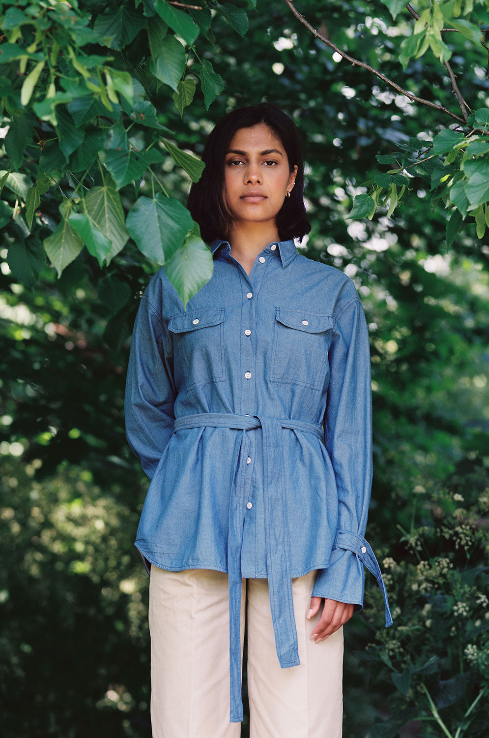 Zadie light wash Japanese denim oversized shirt, boyfriend fit, safari styling by Saywood
