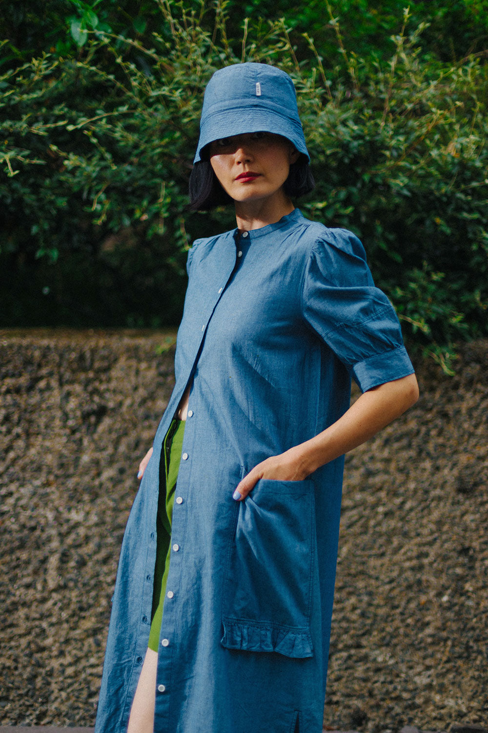 Styling inspiration: Japanese denim reversible bucket hat in light wash, worn with denim outfit, by Saywood