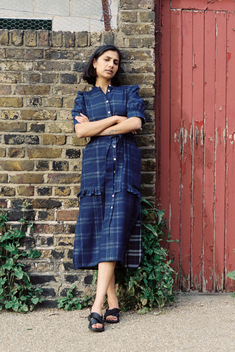 Styling inspiration: Rosa navy check shirtdress with puff sleeves and tie belt, sustainable surplus cotton by Saywood