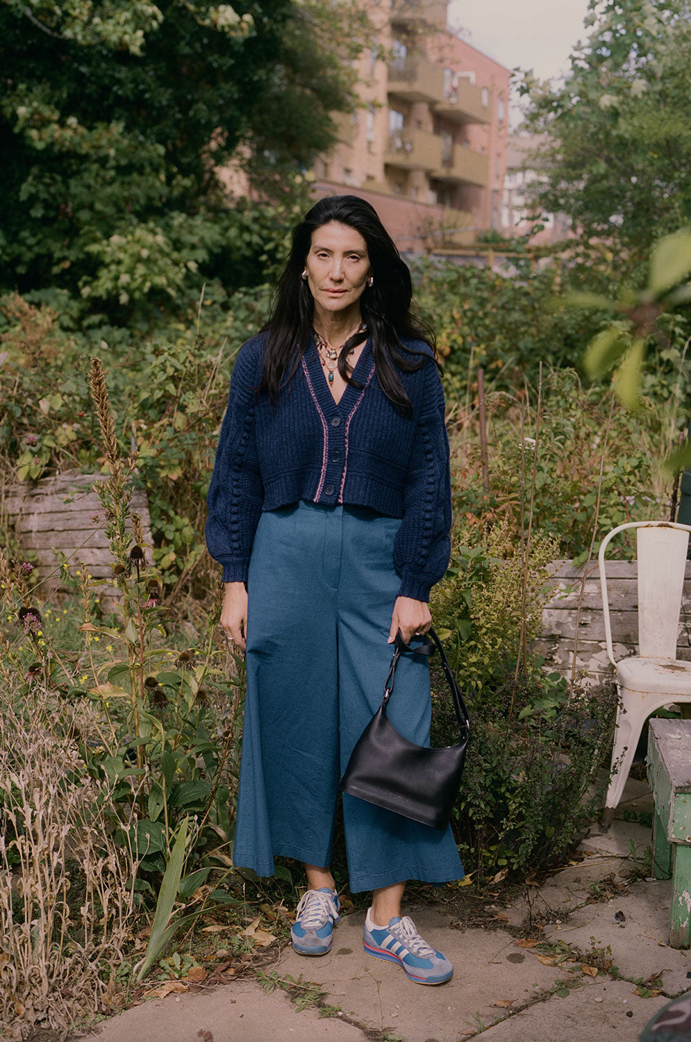 Styling inspiration: Amelia wide leg trousers in Japanese denim with Frida navy chunky cardigan, made in London by Saywood