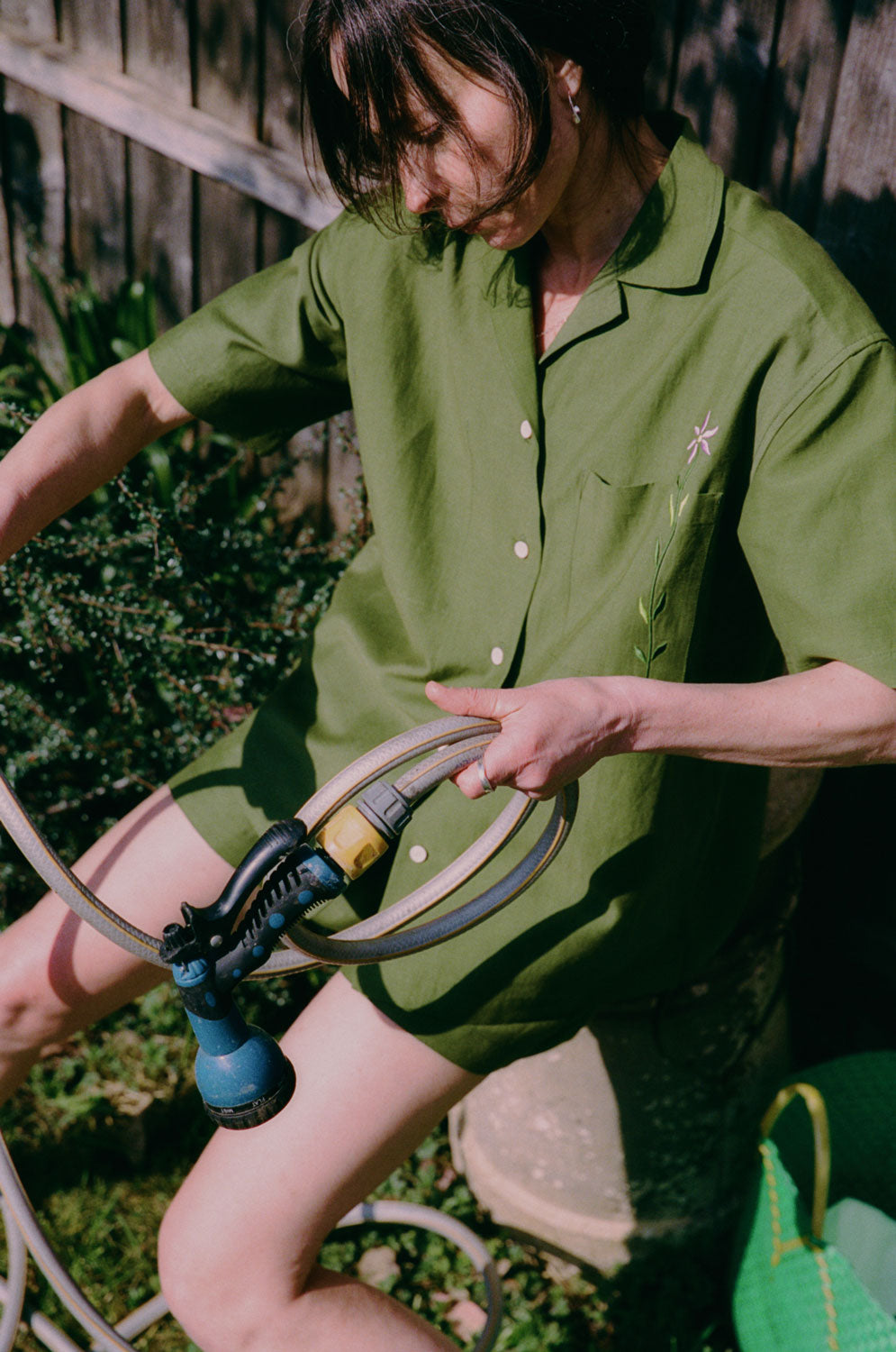Frances olive green Cuban shirt twin set with Bessie shorts, unisex sustainable luxury by Saywood