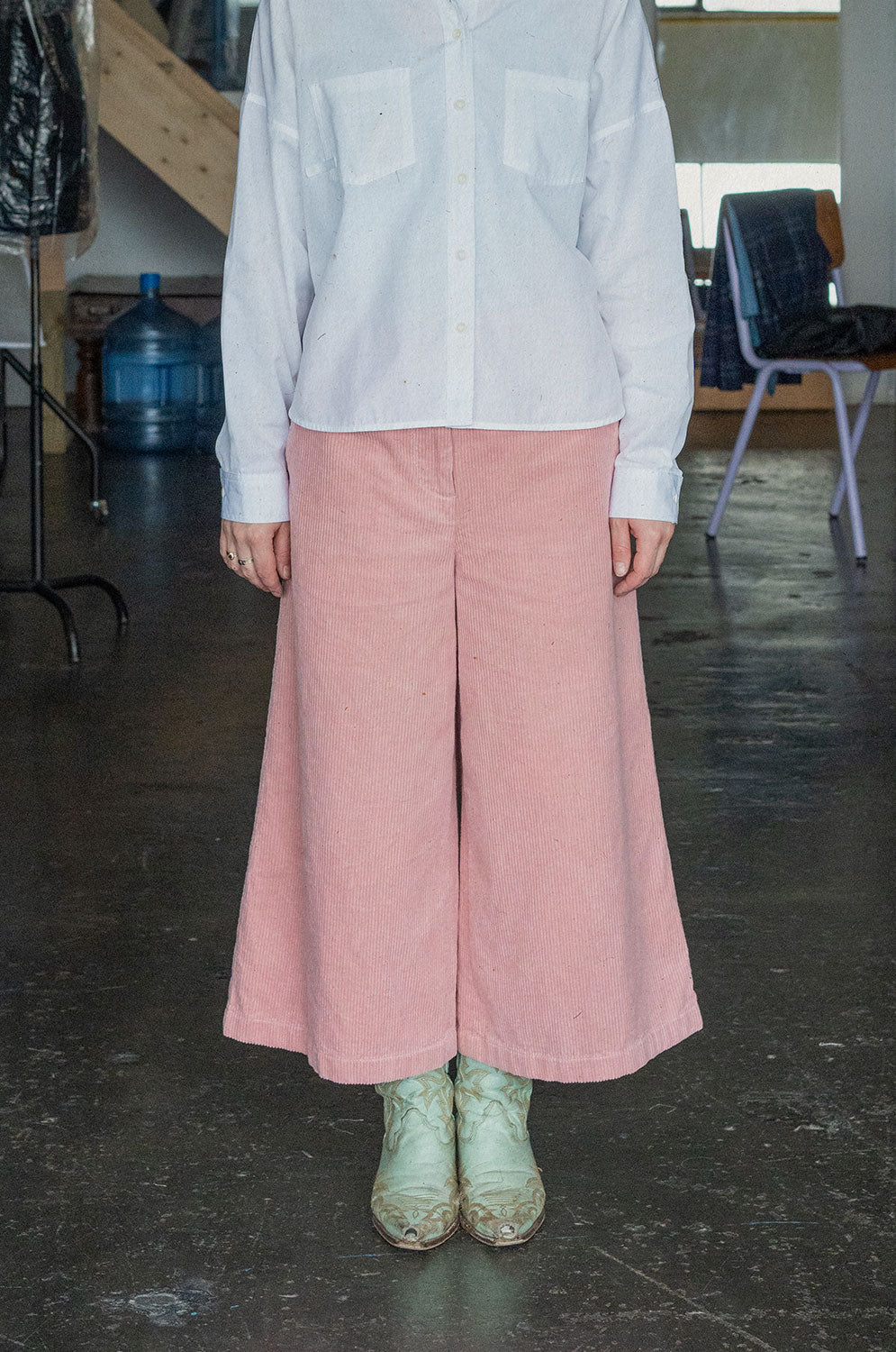 Amelia pink corduroy trousers ankle-length detail with Lela white shirt, sustainable fashion made in London by Saywood