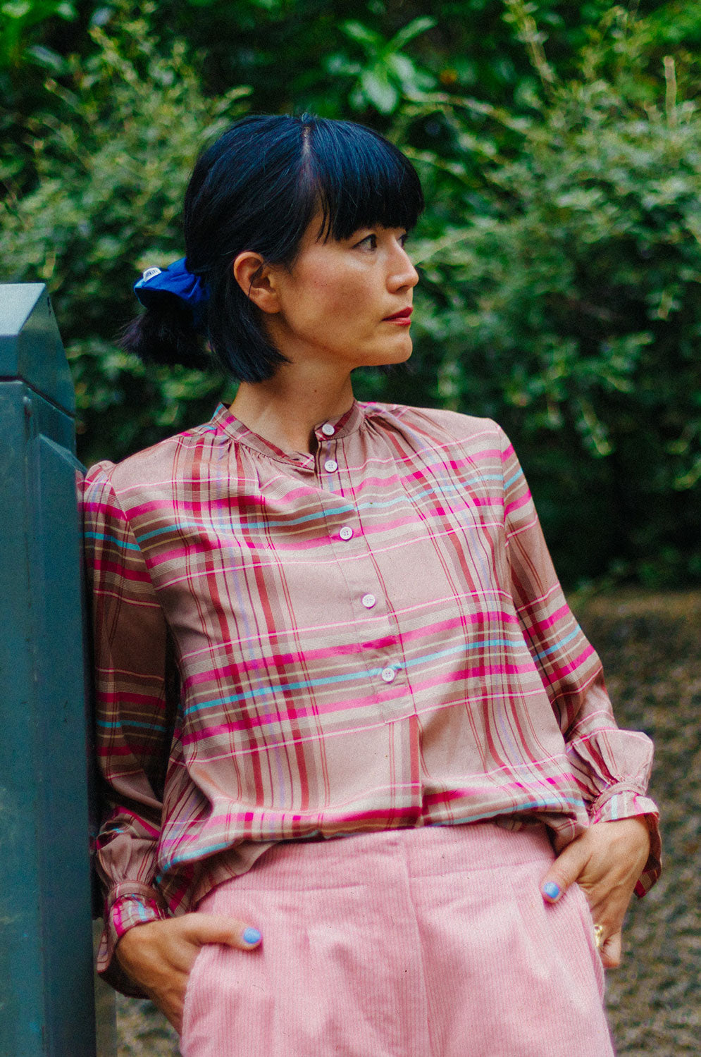 Marie pink and hazelnut check blouse with gathered cuffs, limited edition surplus fabric by Saywood. Worn with Amelia pink corduroy trousers.