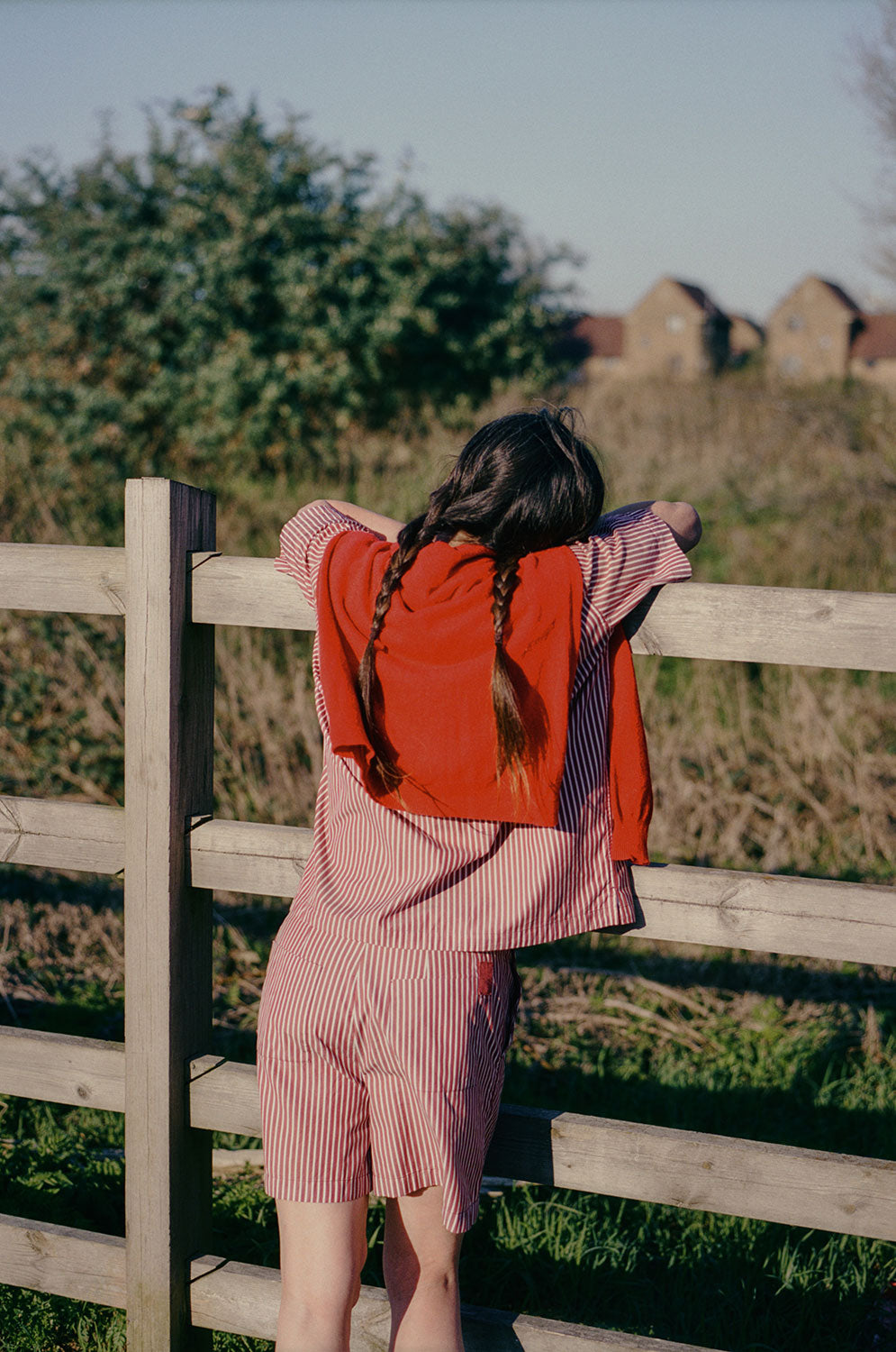 Back view: Bessie berry red stripe tailored shorts with Frances shirt twin set, made in London by Saywood