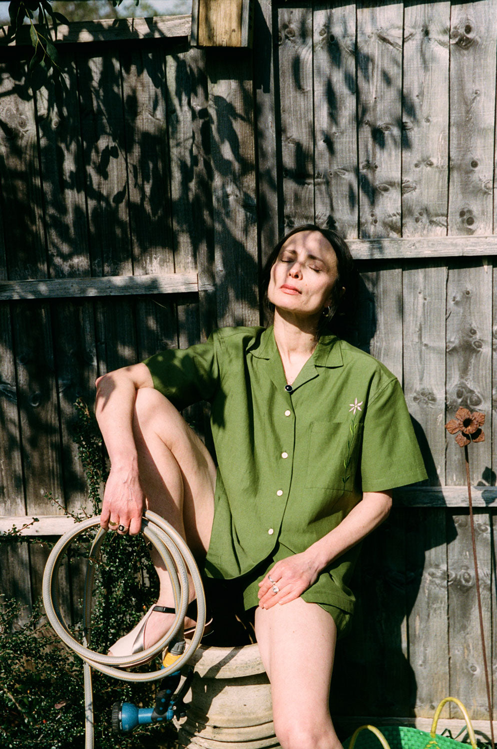 Frances olive green Cuban shirt with structured fluidity and relaxed fit, sustainable surplus fabric by Saywood