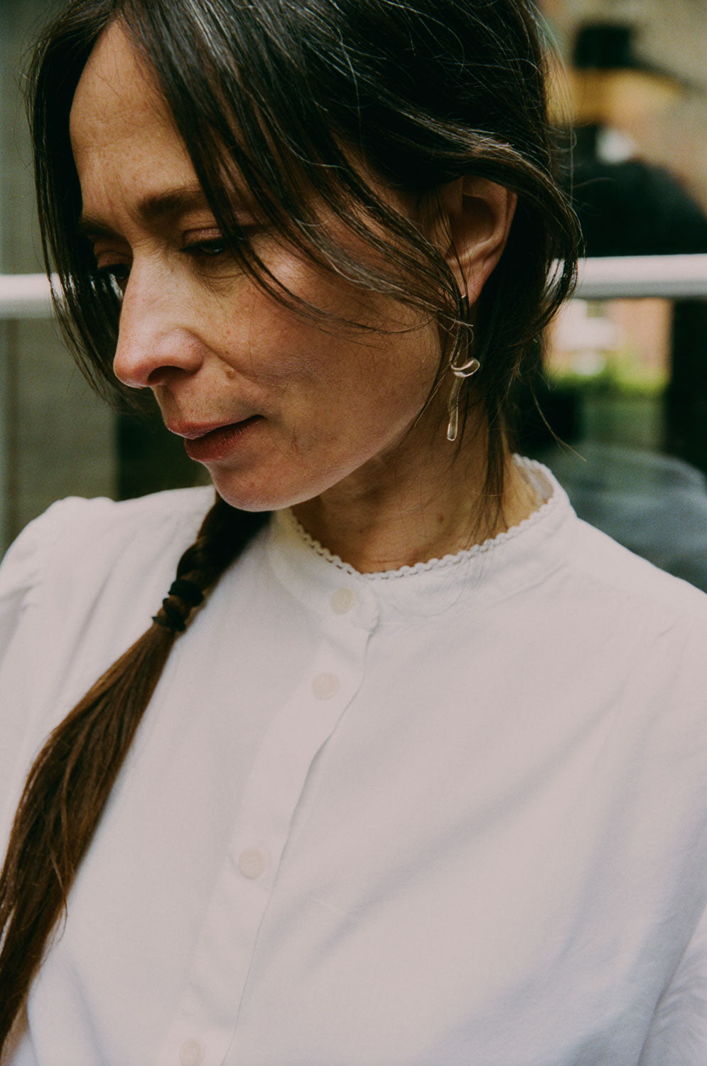 Close-up detail of Joni blouse grandad collar with cotton lace trim, white cotton bamboo by Saywood