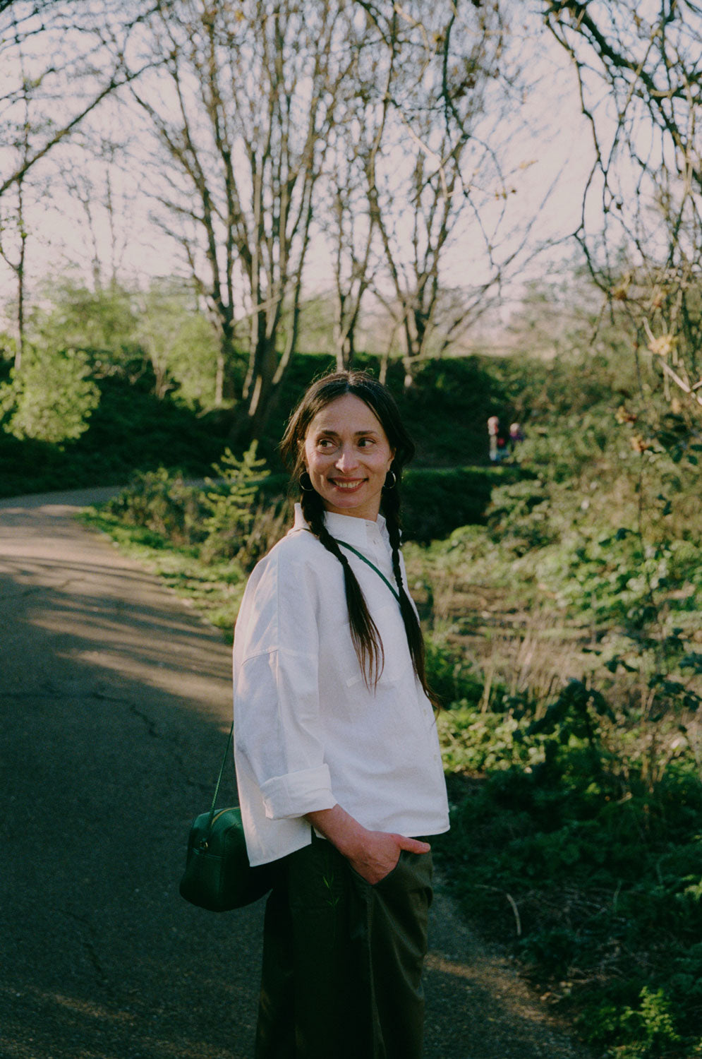 Full length view of Lela boxy shirt in white recycled cotton, oversized fit, made in London by Saywood