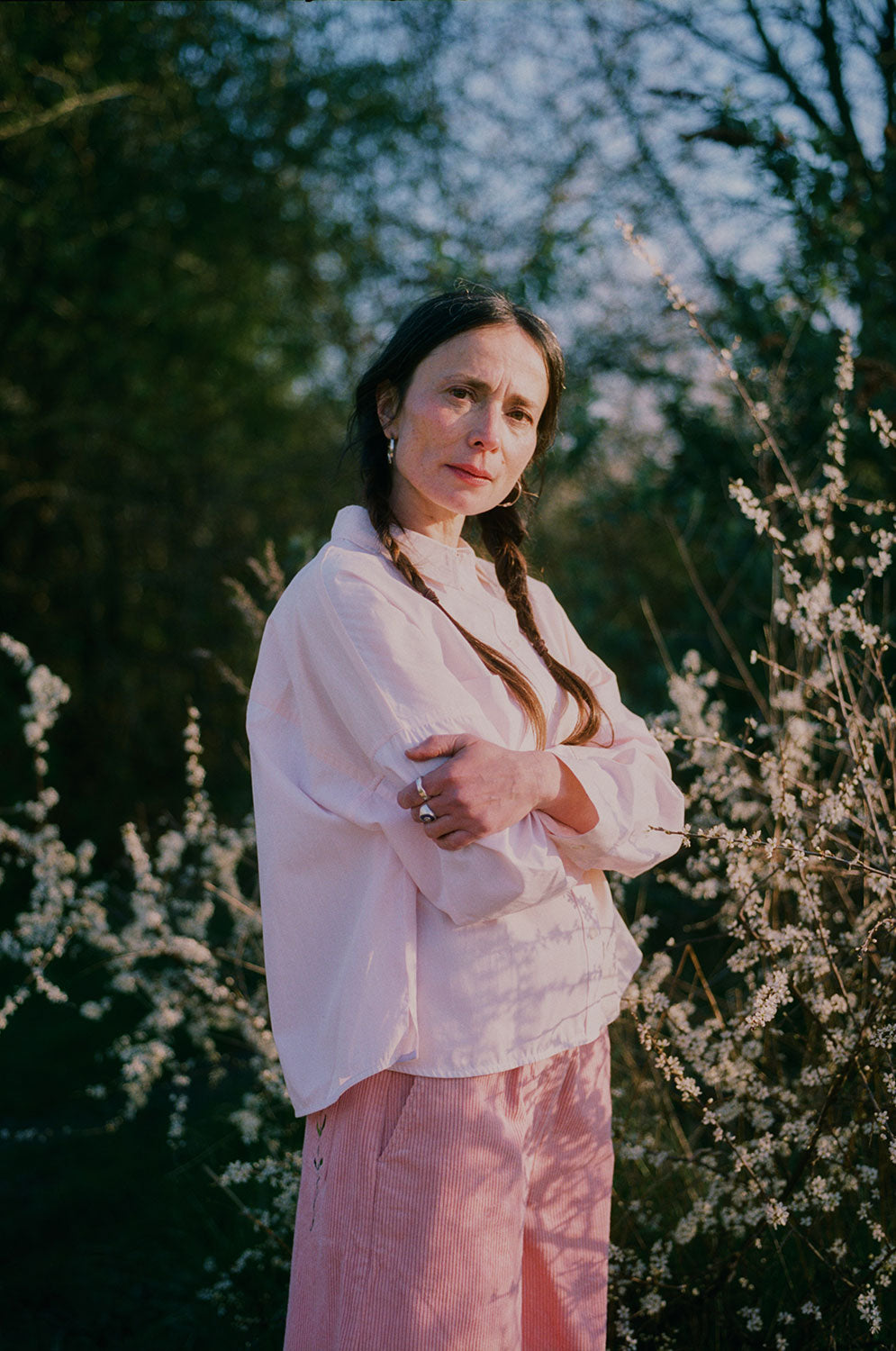 Amelia wide leg culotte trousers in dusty pink corduroy with Lela shirt, spring editorial by Saywood