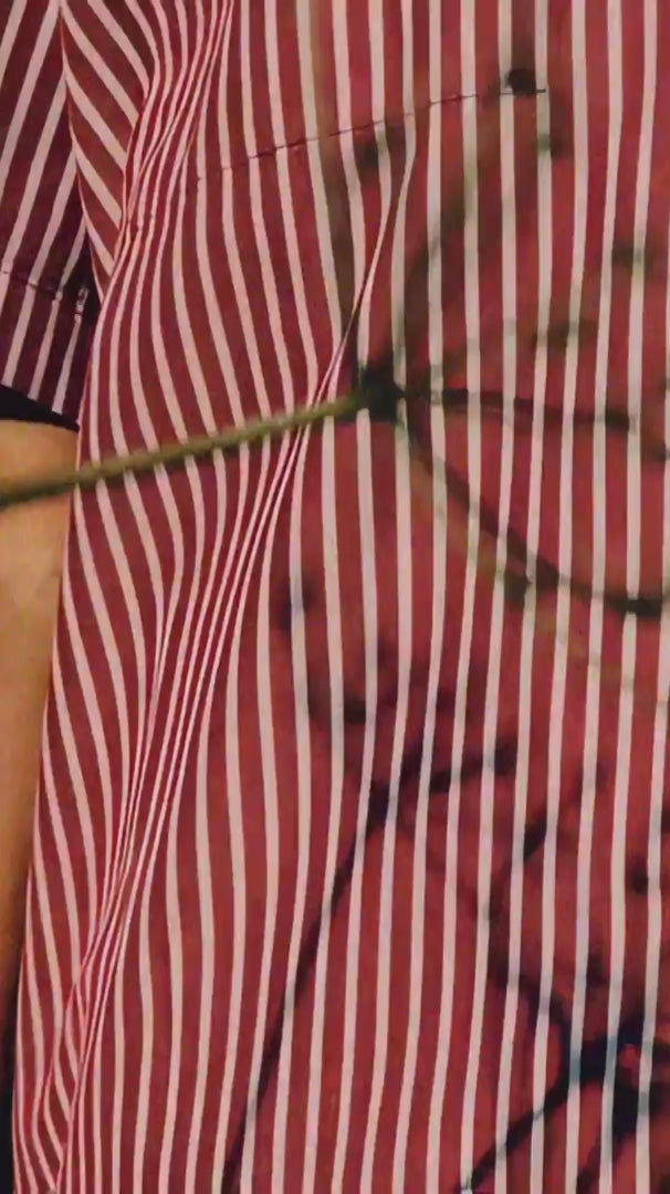 Frances Unisex Cuban Shirt with short sleeves in red and white stripe cotton - made in London by Saywood